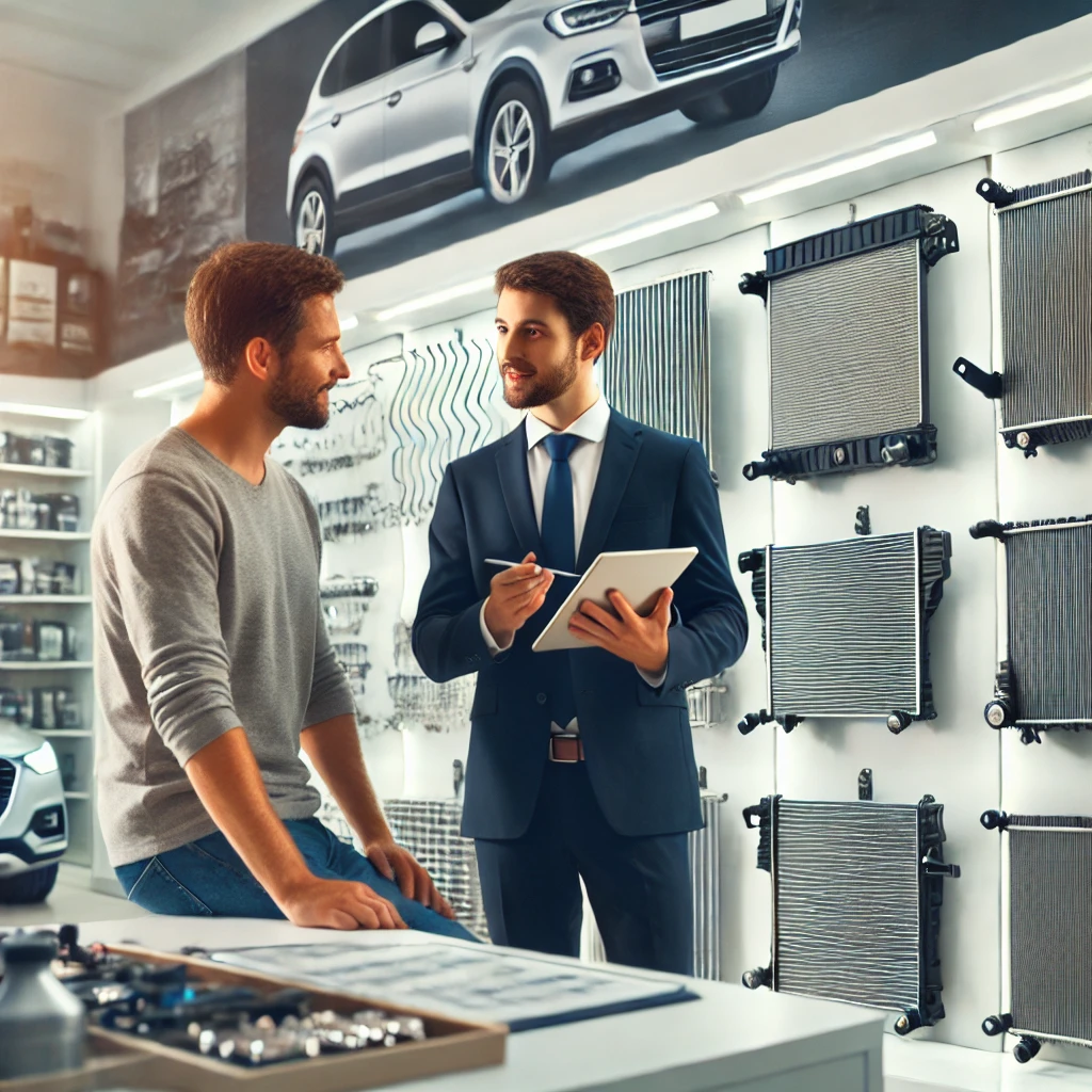 knowledgeable consultant helps a customer with selecting car radiators